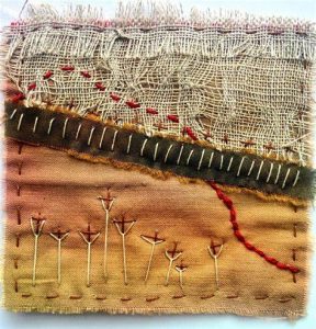 Fabric Sample of Meditative Stitching, mixed stitches in red and white