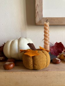 A handmade autumn pumpkin amongst a collection of autumn leaves and white gourd.