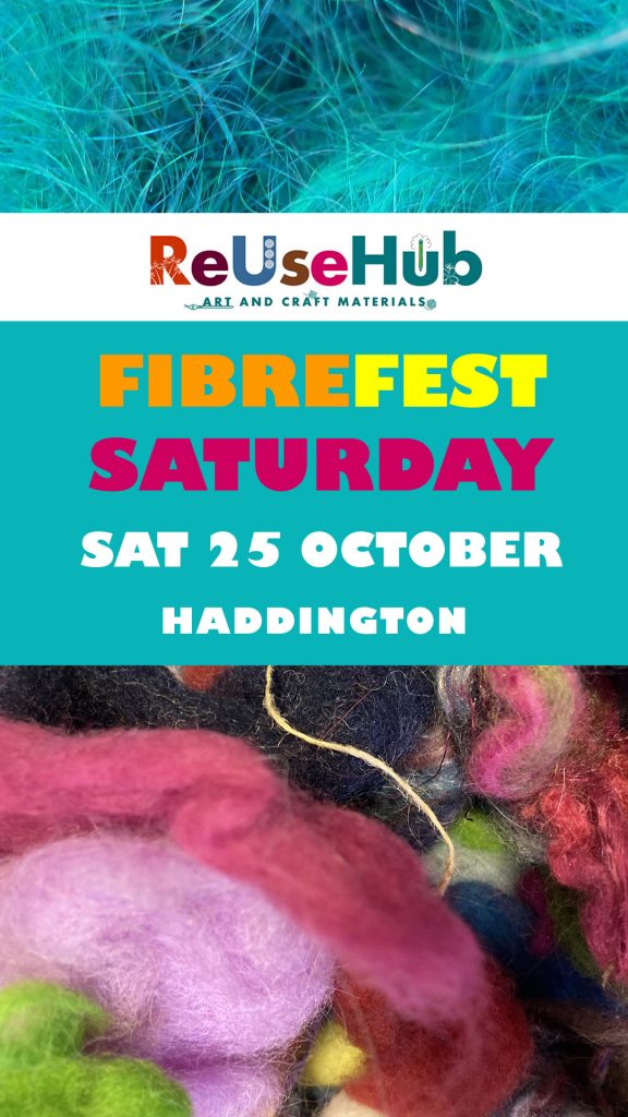 Photos of multicoloured wool fibres with text announcing FibreFest at the ReUse Hub on 25 October