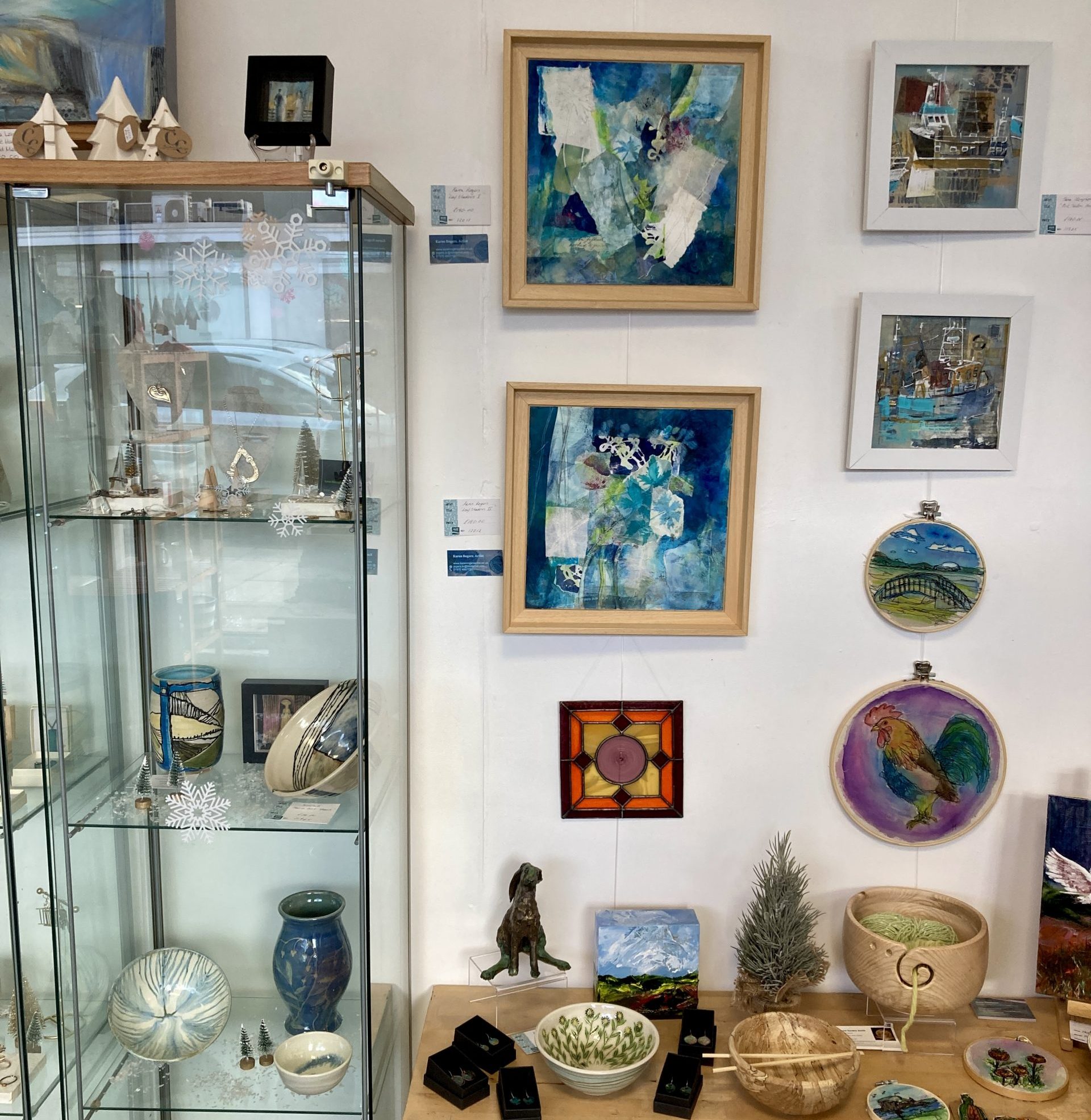 Jewellery, paintings and ceramics displayed in the Makers Gallery